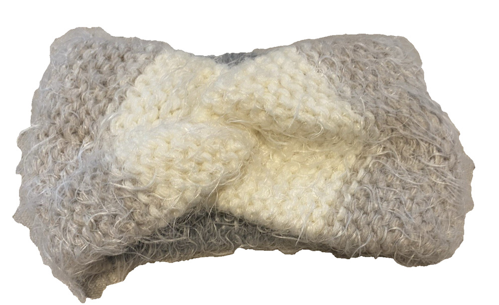 Womens Soft Fuzzy Headband Winter Warm White & Grey Headwrap -Made in Italy